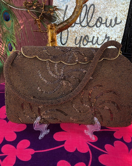 Vintage 1950s Brown beaded purse evening bag