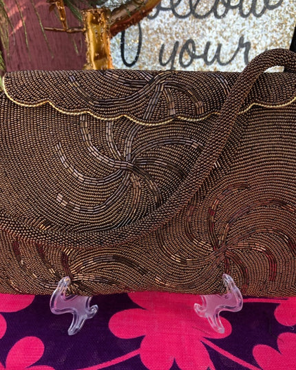 Vintage 1950s Brown beaded purse evening bag