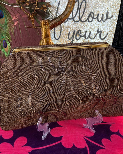Vintage 1950s Brown beaded purse evening bag