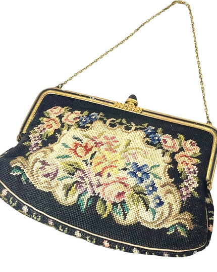 Stunning antique needlepoint wristlet flowers design bag petite point
