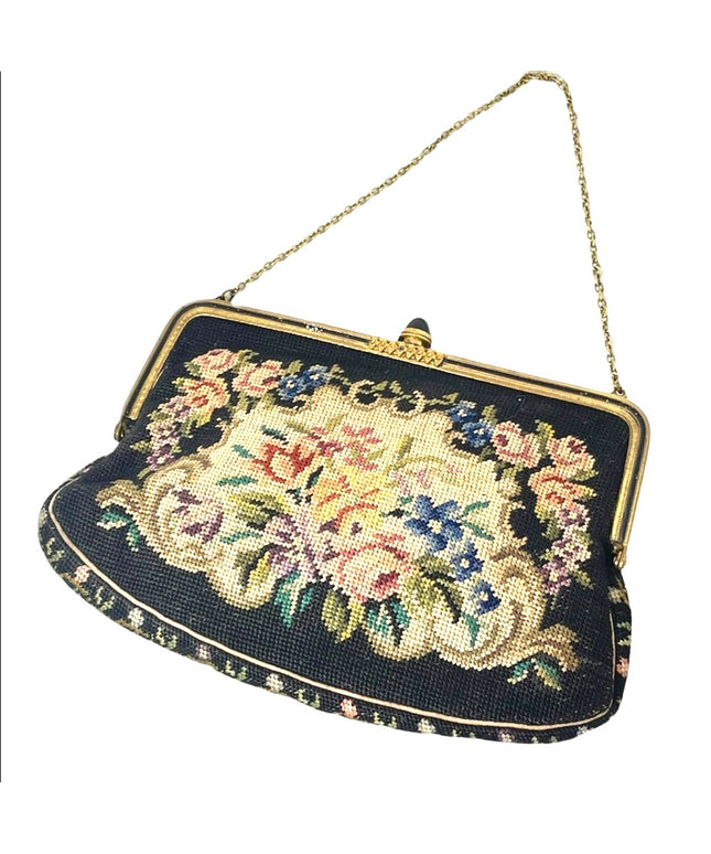 Stunning antique needlepoint wristlet flowers design bag petite point