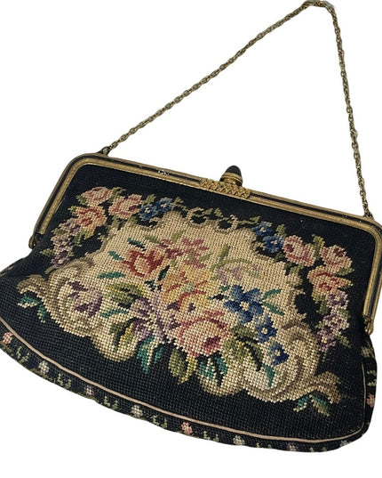 Stunning antique needlepoint wristlet flowers design bag petite point