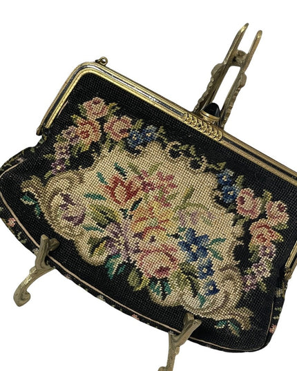 Stunning antique needlepoint wristlet flowers design bag petite point