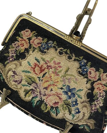 Stunning antique needlepoint wristlet flowers design bag petite point