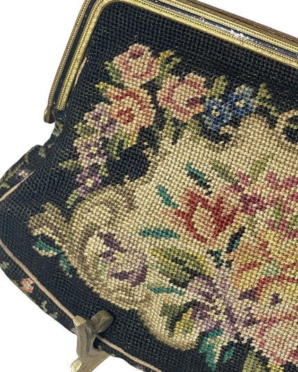 Stunning antique needlepoint wristlet flowers design bag petite point