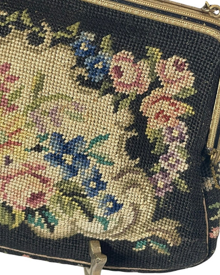 Stunning antique needlepoint wristlet flowers design bag petite point