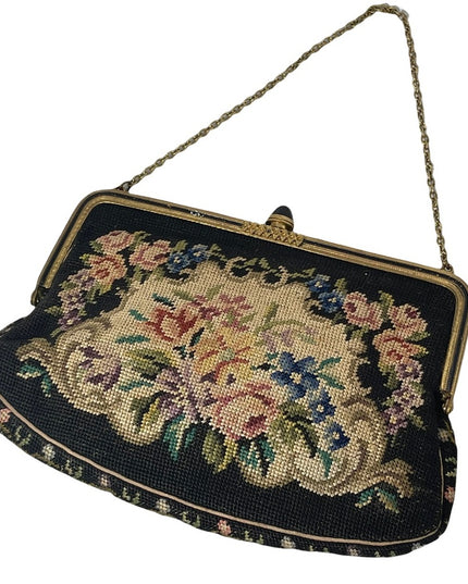 Stunning antique needlepoint wristlet flowers design bag petite point