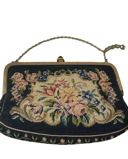 Stunning antique needlepoint wristlet flowers design bag petite point