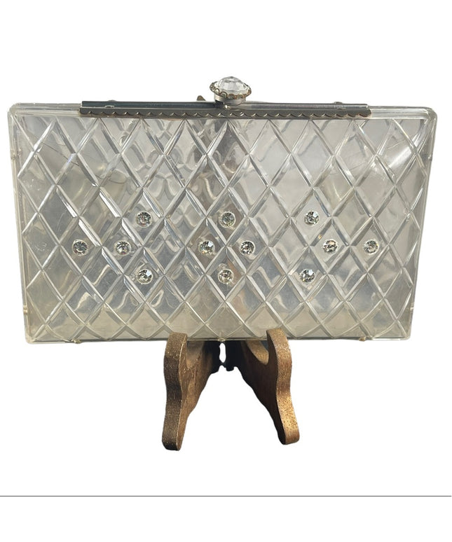 Vintage 1950s Lucite plastic rhinestone clutch purse