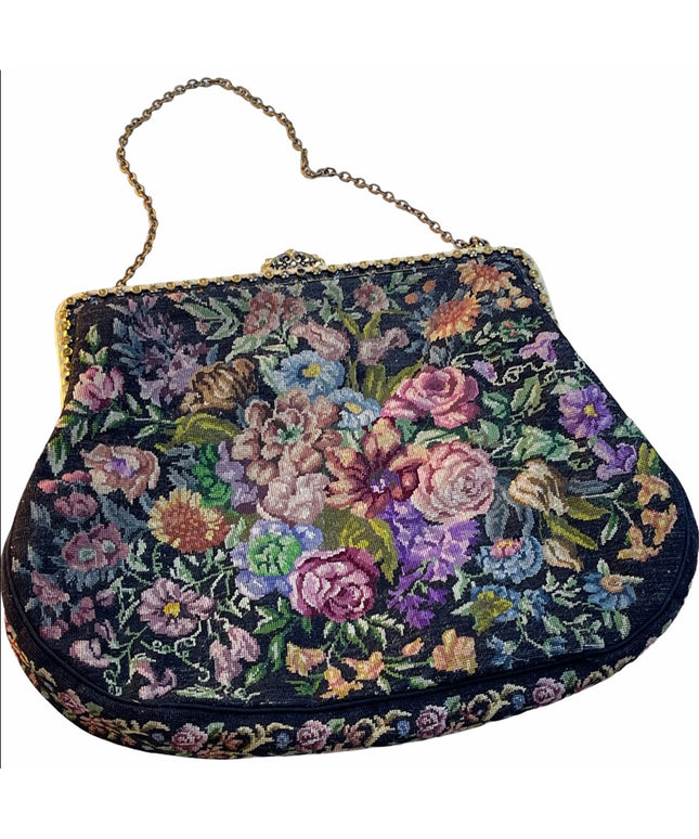 Victorian Handmade petite point Purse flowers Antique needlepoint