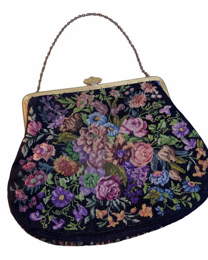 Victorian Handmade petite point Purse flowers Antique needlepoint