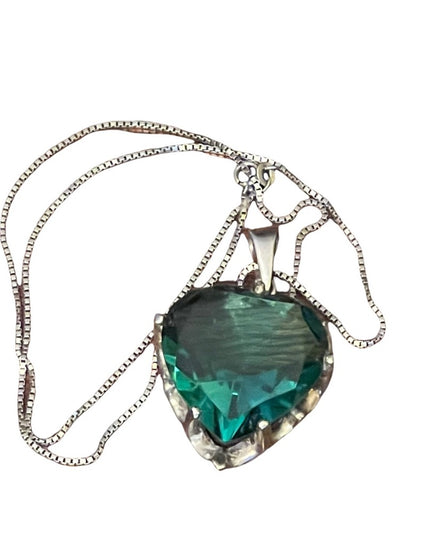 Vintage Sterling silver 925 Large green heart crystal chain & pendant necklace