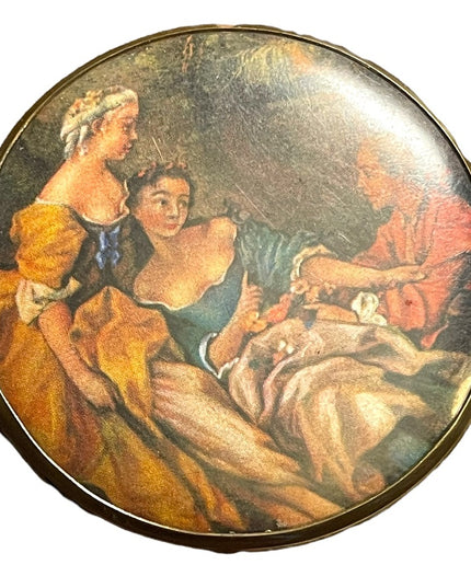 Vintage Victorian scene gold finish metal mirrored compact
