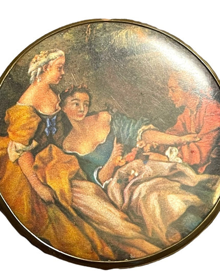 Vintage Victorian scene gold finish metal mirrored compact
