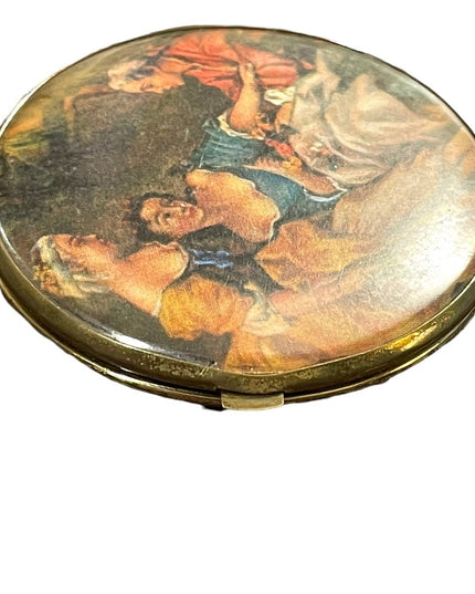 Vintage Victorian scene gold finish metal mirrored compact