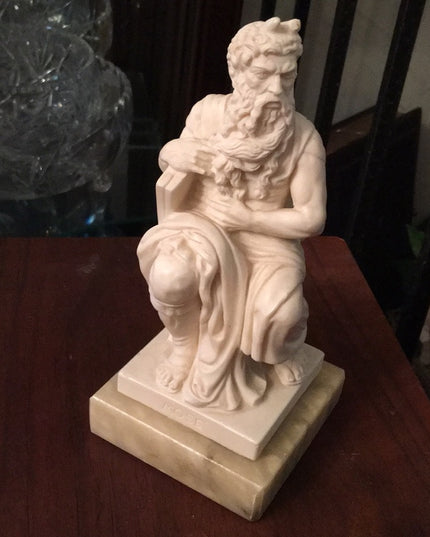 Solid Alabaster Mose on marble statue Unsigned Vintage