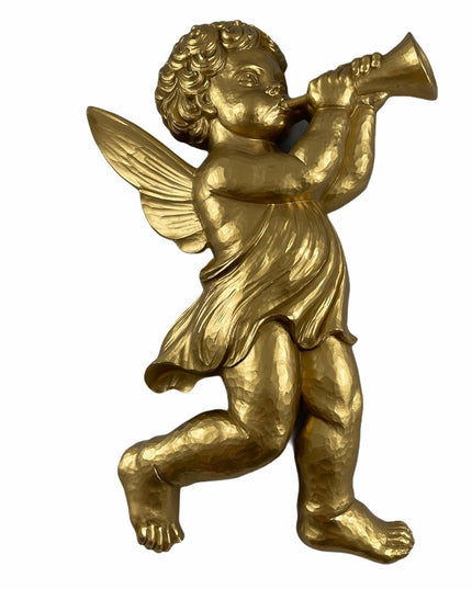 Vintage Gold finish Metalic Wall Angel Cherub Trumpet