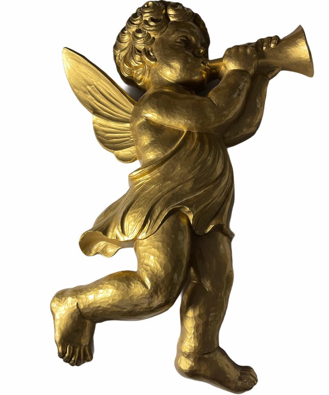 Vintage Gold finish Metalic Wall Angel Cherub Trumpet