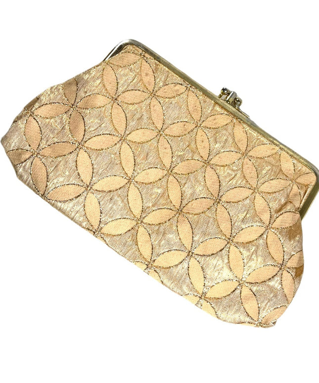 Vintage 1960s gold geometric fancy print sateen gold metalic clutch