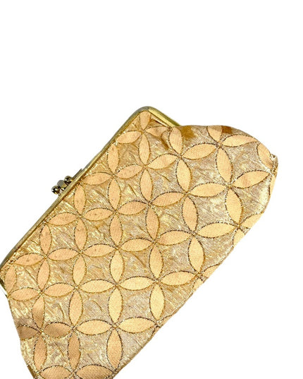 Vintage 1960s gold geometric fancy print sateen gold metalic clutch