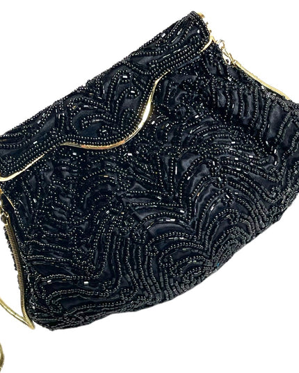 Vintage 1960s GOLDCO Fancy black seed bead evening bag gold hardware