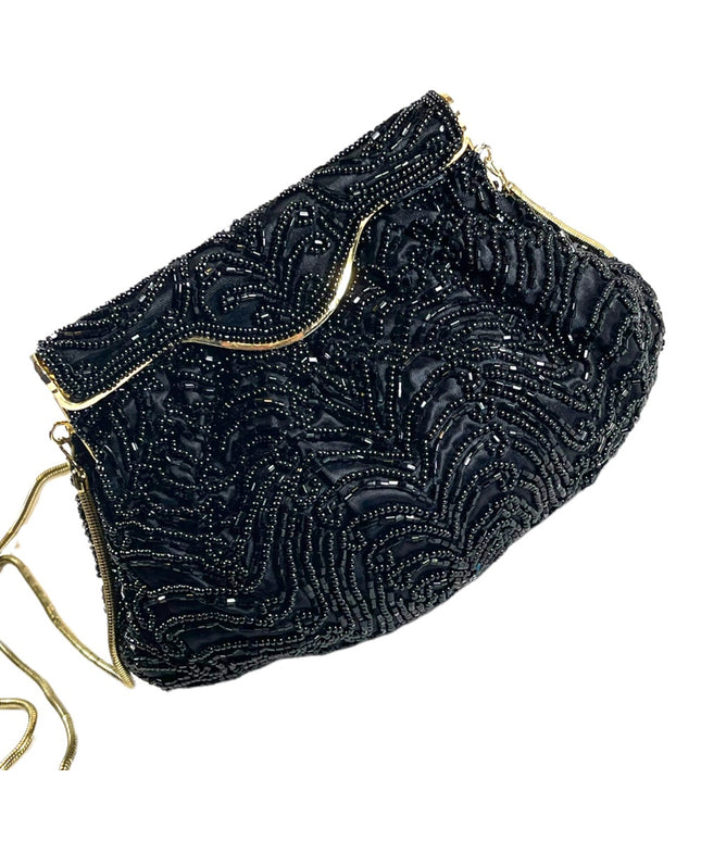Vintage 1960s GOLDCO Fancy black seed bead evening bag gold hardware