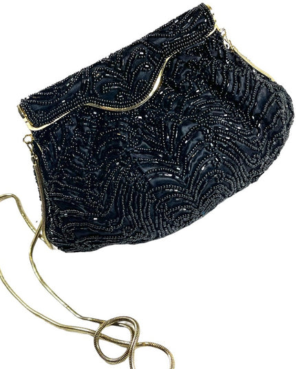 Vintage 1960s GOLDCO Fancy black seed bead evening bag gold hardware