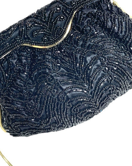 Vintage 1960s GOLDCO Fancy black seed bead evening bag gold hardware