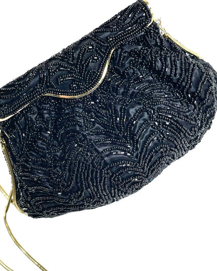 Vintage 1960s GOLDCO Fancy black seed bead evening bag gold hardware