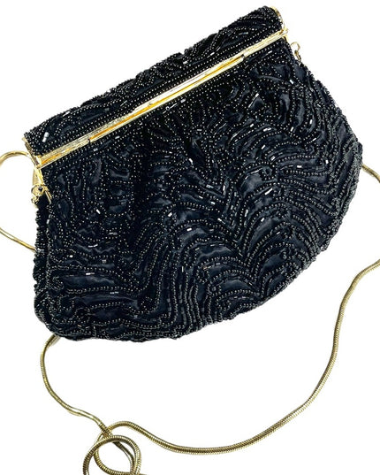 Vintage 1960s GOLDCO Fancy black seed bead evening bag gold hardware