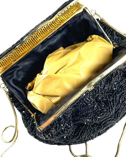 Vintage 1960s GOLDCO Fancy black seed bead evening bag gold hardware