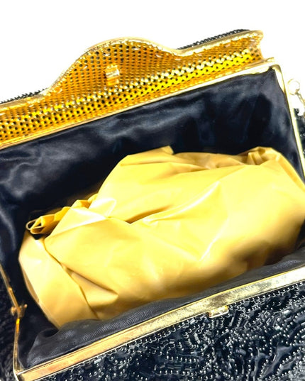 Vintage 1960s GOLDCO Fancy black seed bead evening bag gold hardware