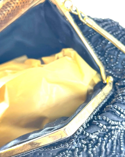 Vintage 1960s GOLDCO Fancy black seed bead evening bag gold hardware