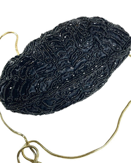 Vintage 1960s GOLDCO Fancy black seed bead evening bag gold hardware