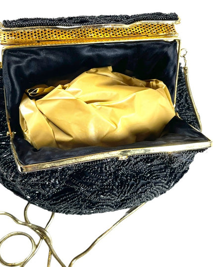 Vintage 1960s GOLDCO Fancy black seed bead evening bag gold hardware