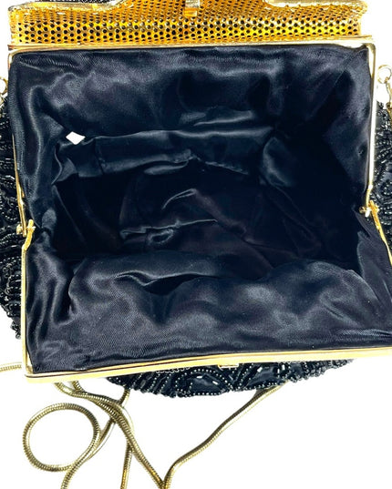 Vintage 1960s GOLDCO Fancy black seed bead evening bag gold hardware