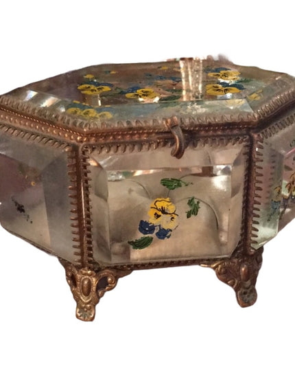 Victorian Antique beveled glass jewelry box hand painted floral