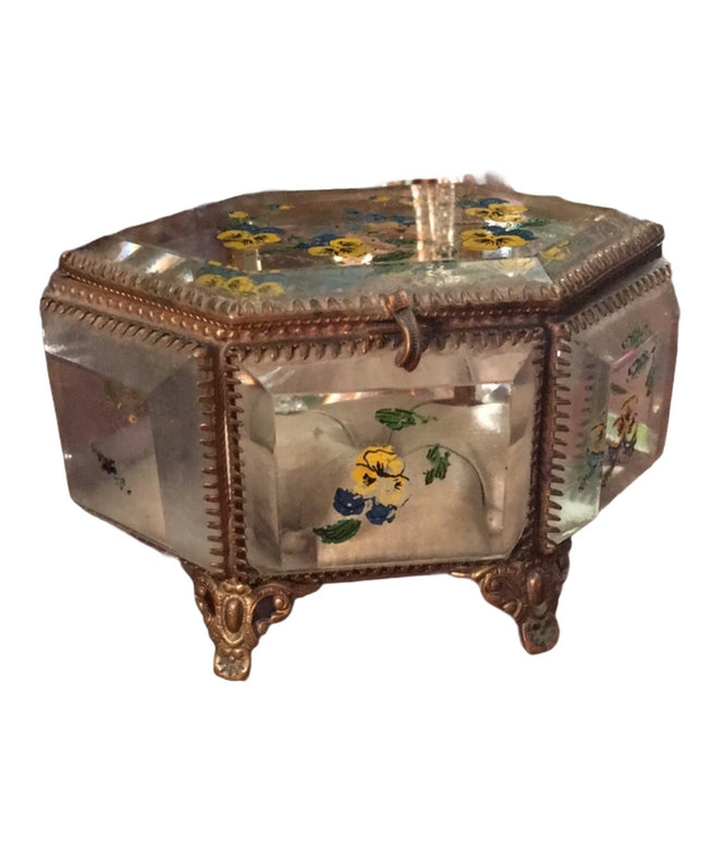 Victorian Antique beveled glass jewelry box hand painted floral