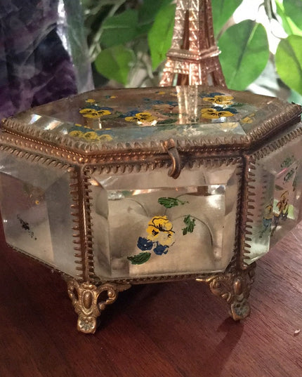 Victorian Antique beveled glass jewelry box hand painted floral