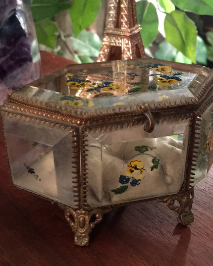 Victorian Antique beveled glass jewelry box hand painted floral
