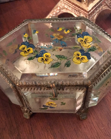 Victorian Antique beveled glass jewelry box hand painted floral