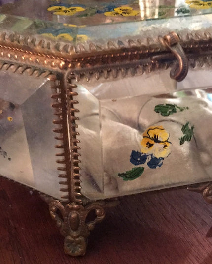 Victorian Antique beveled glass jewelry box hand painted floral