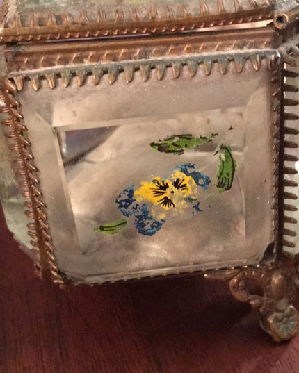 Victorian Antique beveled glass jewelry box hand painted floral