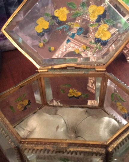 Victorian Antique beveled glass jewelry box hand painted floral