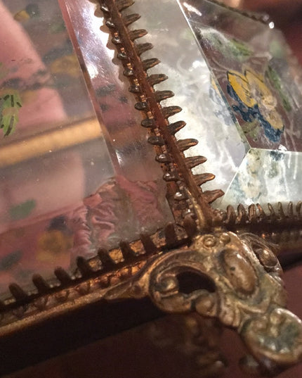 Victorian Antique beveled glass jewelry box hand painted floral
