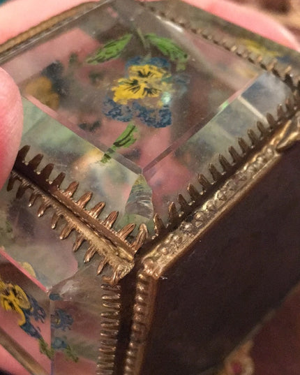 Victorian Antique beveled glass jewelry box hand painted floral