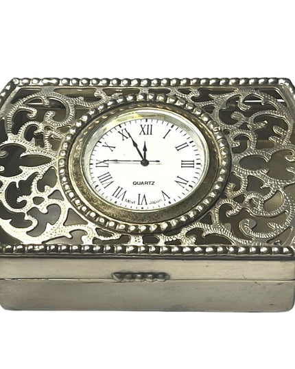 Vintage Silver finish ornate filagree trinket box with clock