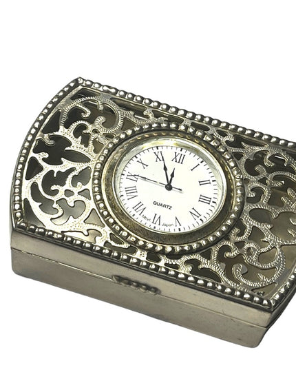 Vintage Silver finish ornate filagree trinket box with clock