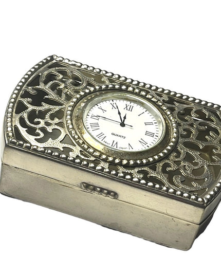 Vintage Silver finish ornate filagree trinket box with clock