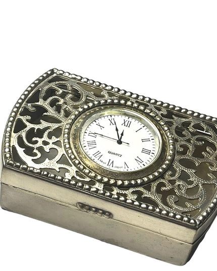 Vintage Silver finish ornate filagree trinket box with clock